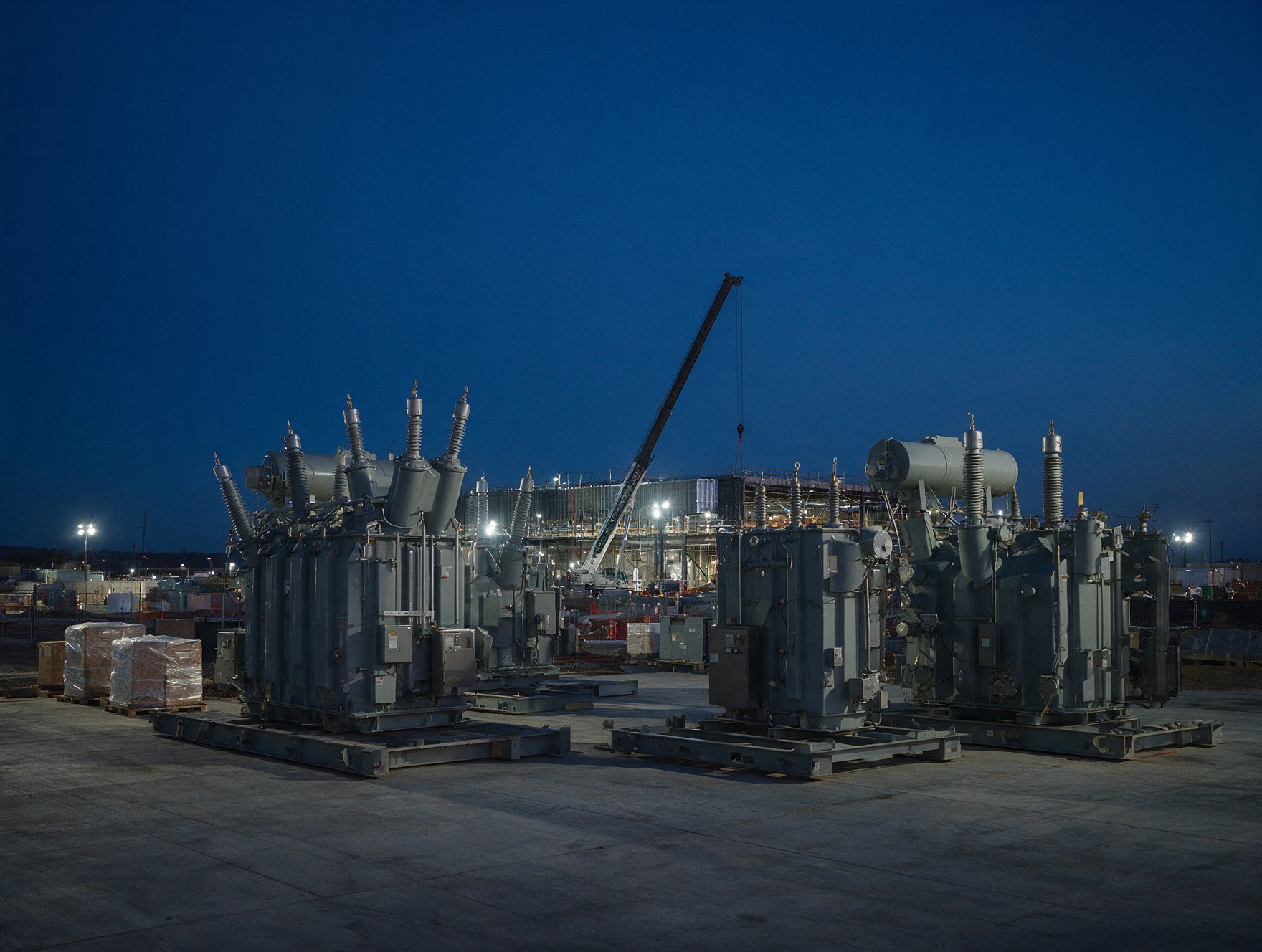 Power transformers and switchgear delivered to a data center laydown yard