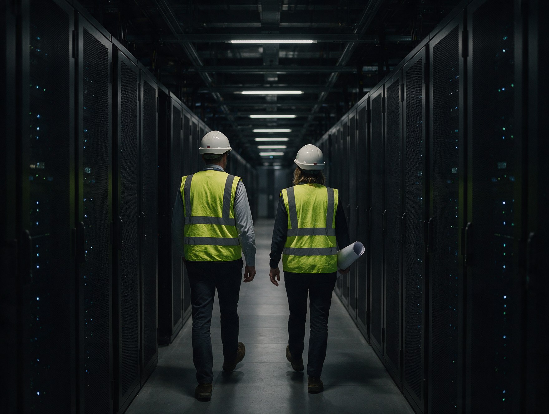 Two consultants in hi-vis vests walking a data hall aisle